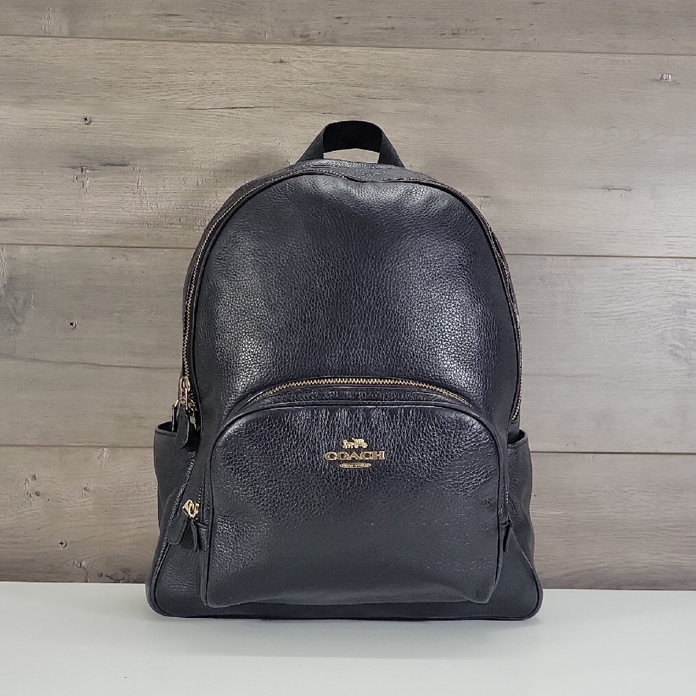 Coach Black Pebbled Leather Laptop Backpack with Gold-Tone Logo 5869 - Picture 1 of 16